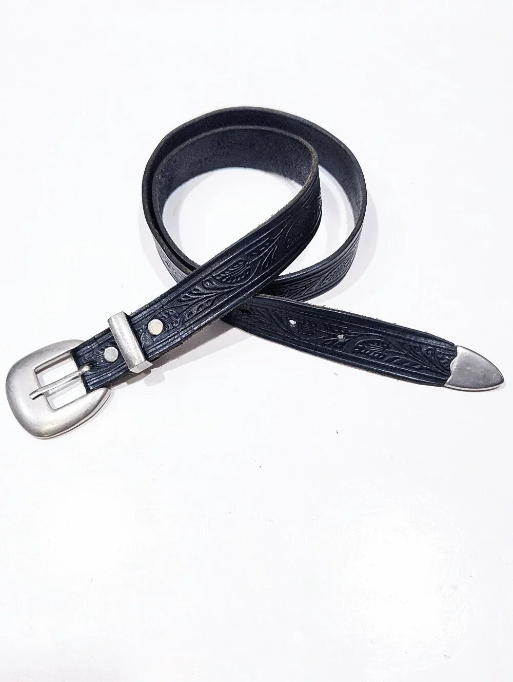VTG Esprit Black Leather Belt Womens Size  M Western Tooled Embossed 90s Buckle